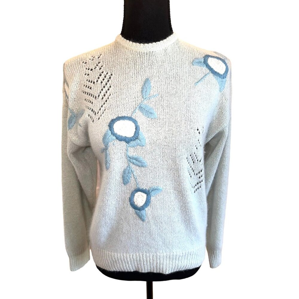 Vintage 80s Andrea Gayle M Light Blue Silk Sweater Floral Embroidery Openwork